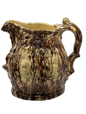 Antique 19th Century Rockingham Glazed Pottery Hanging Game Pitcher Hunting