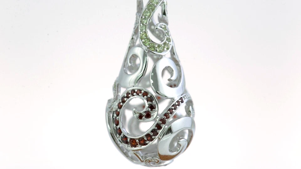 925 Sterling Silver Dangle Hoop Earrings Green Peridot Red Garnet Rhodium Plated - Image 4 of 4