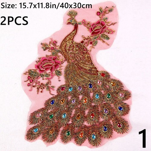 2X Embroidery Floral Applique Patch Rhinestone Sequin Peacock Costume Decor - Picture 12 of 18