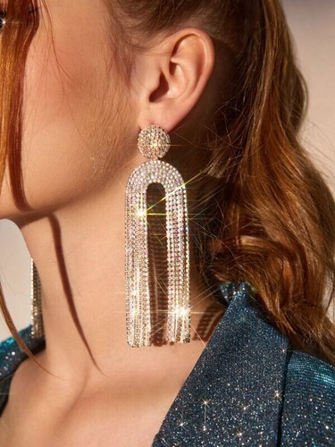 Clear Rhinestone Dangle Pierced Earrings Extra Long Tassel Gold Toned Drop New