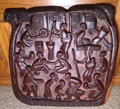 African Village Life Tribal Relief Carved Wood Panel Wall Art Storyboard Carving