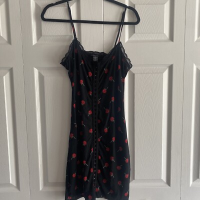 Rose Mesh Hook Eye Mini Dress Womens Size M Black Floral Y2K Grunge Bodycon