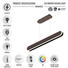 LED Pendant Light 40W, 2-Lights Linear Dimmable Brown 3000K Ceiling Hanging Lamp