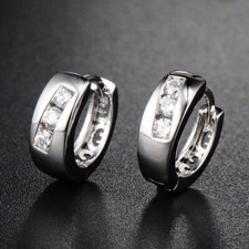 Pretty New White Gold Plated Silver Clear White CZ Round Huggie Hoop Earrings