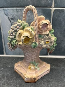 Antique Hubley #8 Pink Flower Basket Cast Iron Doorstop Door Stop Original Paint
