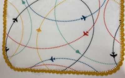 New Fleece Baby Blanket w/ Crochet Trim - Airplanes Over White Background
