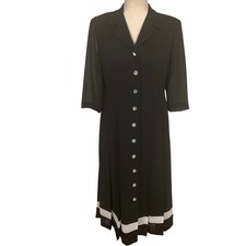 Talbots Coat Dress Women 6P Black White Pleat Sheer Sleeve Midi Quiet Luxury