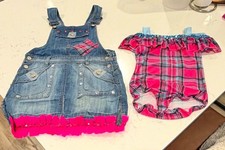 Pink Farmer costume Overall Denim skirt, Size 8 w/cute pink plaid leotard.