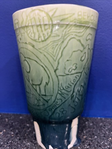 Peter J Myallon Studio Kunstkeramik Becher Tropfglasur 6" zweifarbig grün einzigartig 2012 - Bild 2 von 8