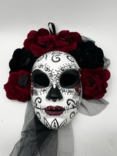 Day of the Dead Sugar Skull Mask Red Black Roses Veil Rhinestone Halloween