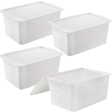 4 Pack Lidded Storage Bins with Lids, White Stackable Storage Baskets for She...