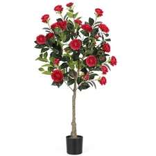 47 inch Artificial Camellia Tree with Blooming Red Flowers, Free Maintencace ...