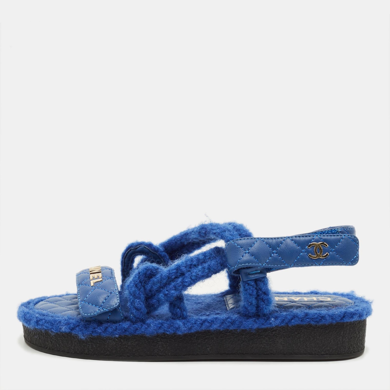Chanel CC Size 36 Blue Rope and Leather Flat Sandals