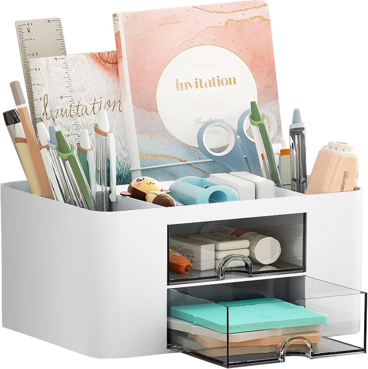 Pen and Pencil Holder Desk Organizer with 5 Compartments and 2 Drawers for