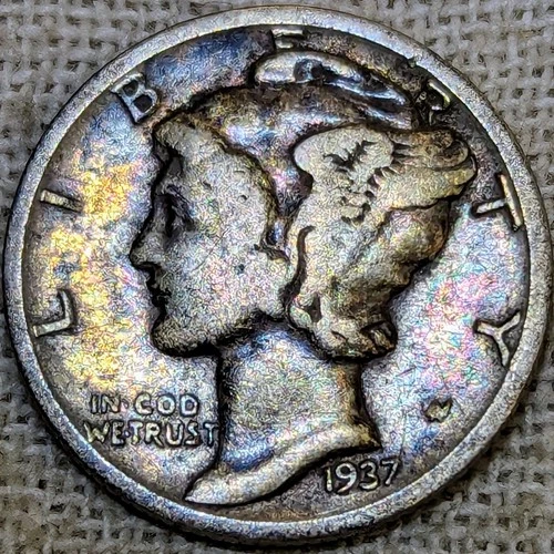 1937 Mercury Dime VG/F : Rainbow Tone, Very Good to Fine - .9 Fine Silver Coin