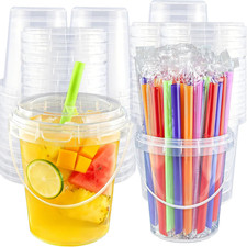 100Sets Disposable Cups with Lids and Straws 34Oz Drink Buckets with Handles for