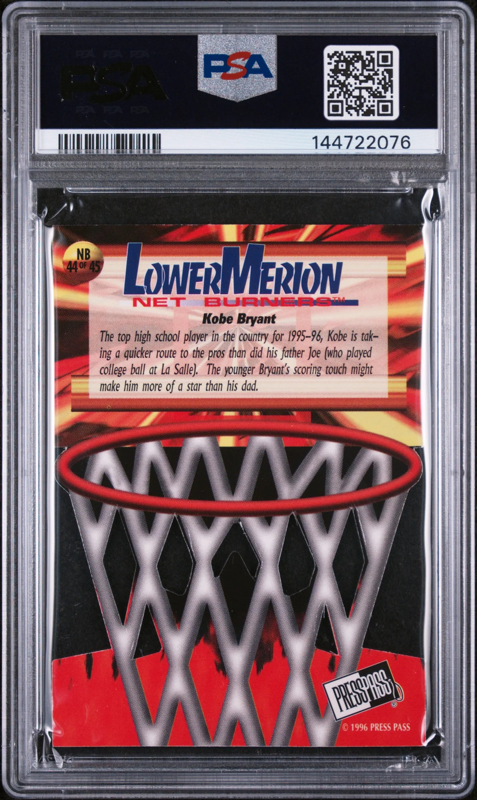 1996 Press Pass Net Burners Kobe Bryant #44 PSA 4 view 2