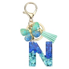 Initial Letter Keychains, Resin Cute Pendant with Butterfly  Tassel, Teal-N