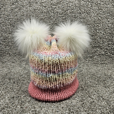 Handmade Knit Beanie Hat Toque Toboggan 6-12 Month Pastel/Pink  Warm Soft 2Poms