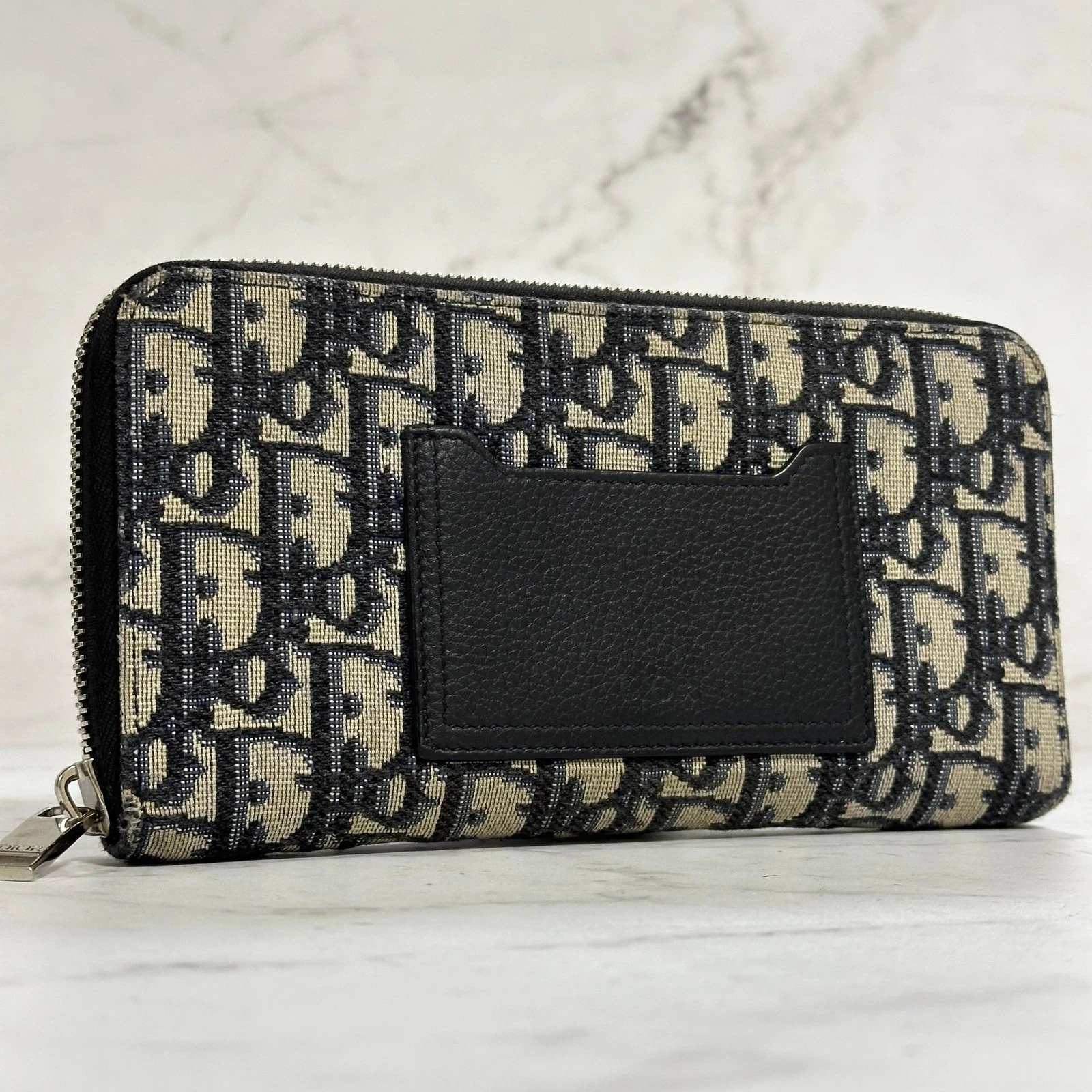 Christian Dior Portefeuille Oblique Rond Zip Long Sac à Main Cuir Toile Beige Noir