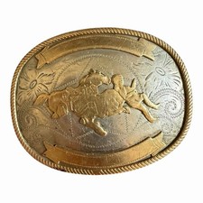 Vintage Western Cowboy Calf Roping Bull Rider Rodeo German Silver Belt Buckle