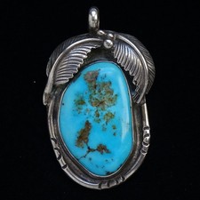 Vintage Signed BT Heavy Navajo Turquoise Necklace Pendant 23g Sterling Feathers