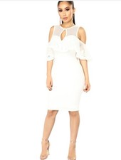 Fashion Nova White/Ivory  Cold-Shoulder Mesh Ruffle Midi Dress Size M Medium