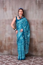 Indian Satin Silk Saree Printed Party Wear Sari With Unstitched Blouse Bollywood