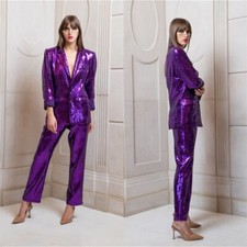 Purple Sequin Women Suits Fashion 2 Pieces Ladies Prom Wedding Outfits Plus Size