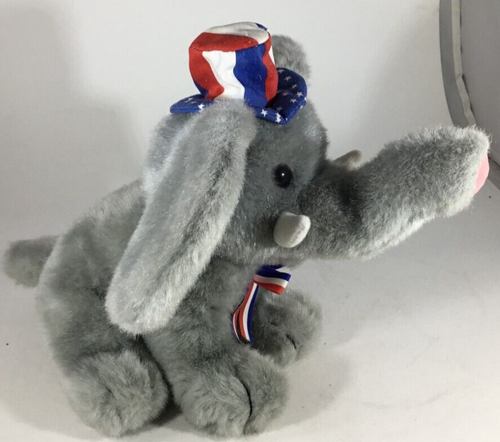 Plush Grey Elephant Election Collection RWB Hat & Ribbon No Sound 1996 Vintage - Picture 4 of 5