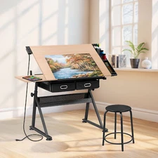 Adjustable Artist Table Tilted Tabletop Drafting Stool & Storage Drawer Natural