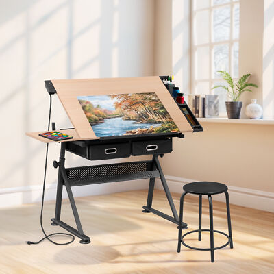 Adjustable Artist Table Tilted Tabletop Drafting Stool Storage