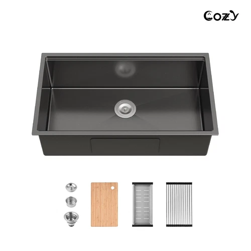 Cozy undermount stainless steel black sink 33x19x8 inch with accessory