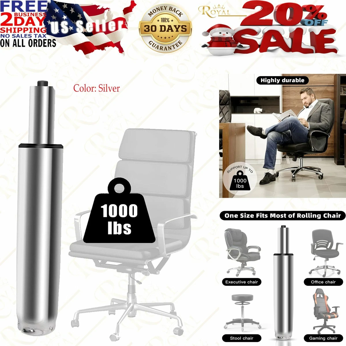 Office Chair Cylinder Replacement Heavy Duty Gas Lift Universal Size Silver