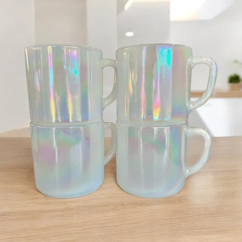 4 Vintage Federal Glass Stackable Coffee Mugs Cups Collectible White Pre Owned