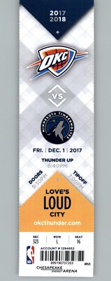 Minnesota Timberwolves vs Oklahoma City Thunder 12/1/2017 Full Ticket 