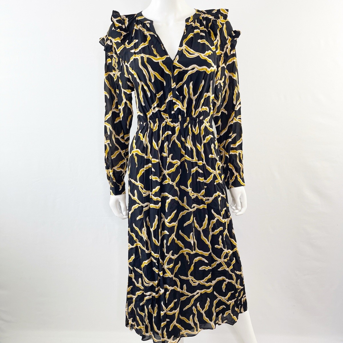 Ba&sh Black Yellow Long Sleeve CANDICE Midi Dress Size S Ruffles Branch  Print