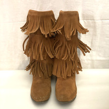 Minnetonka Fringed Boots Womans Size 7 Suede Leather Moccasins Copper Brown