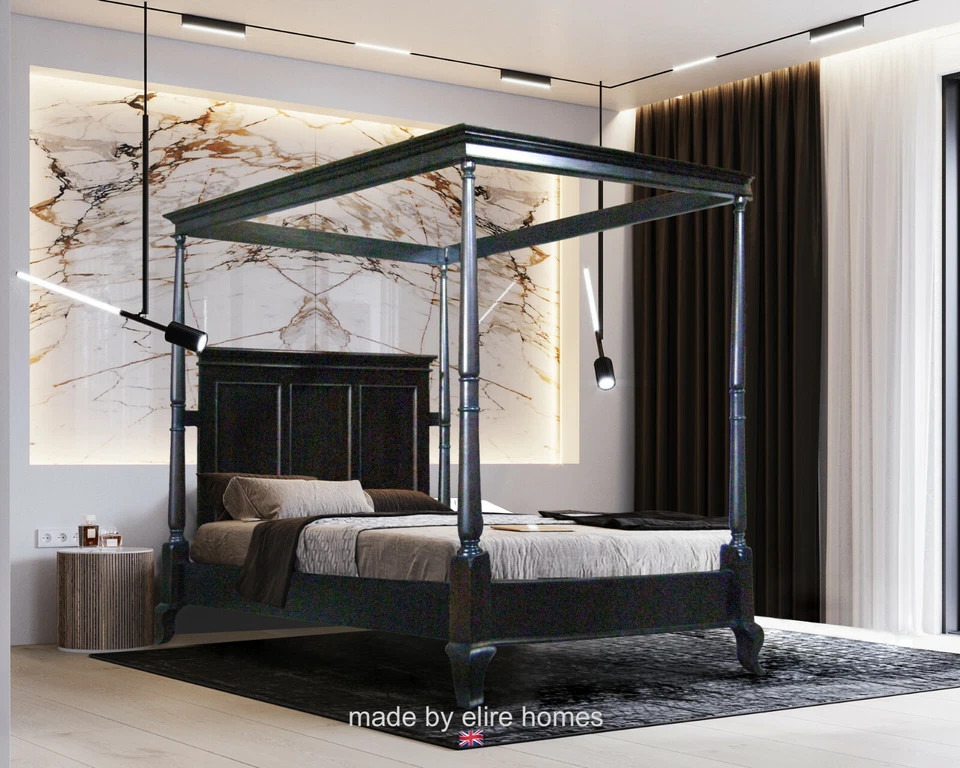 UK Stock SUPER KING Gothic BLACK Mahogany Four poster minimalist Canopy Bed - Image 2 of 4