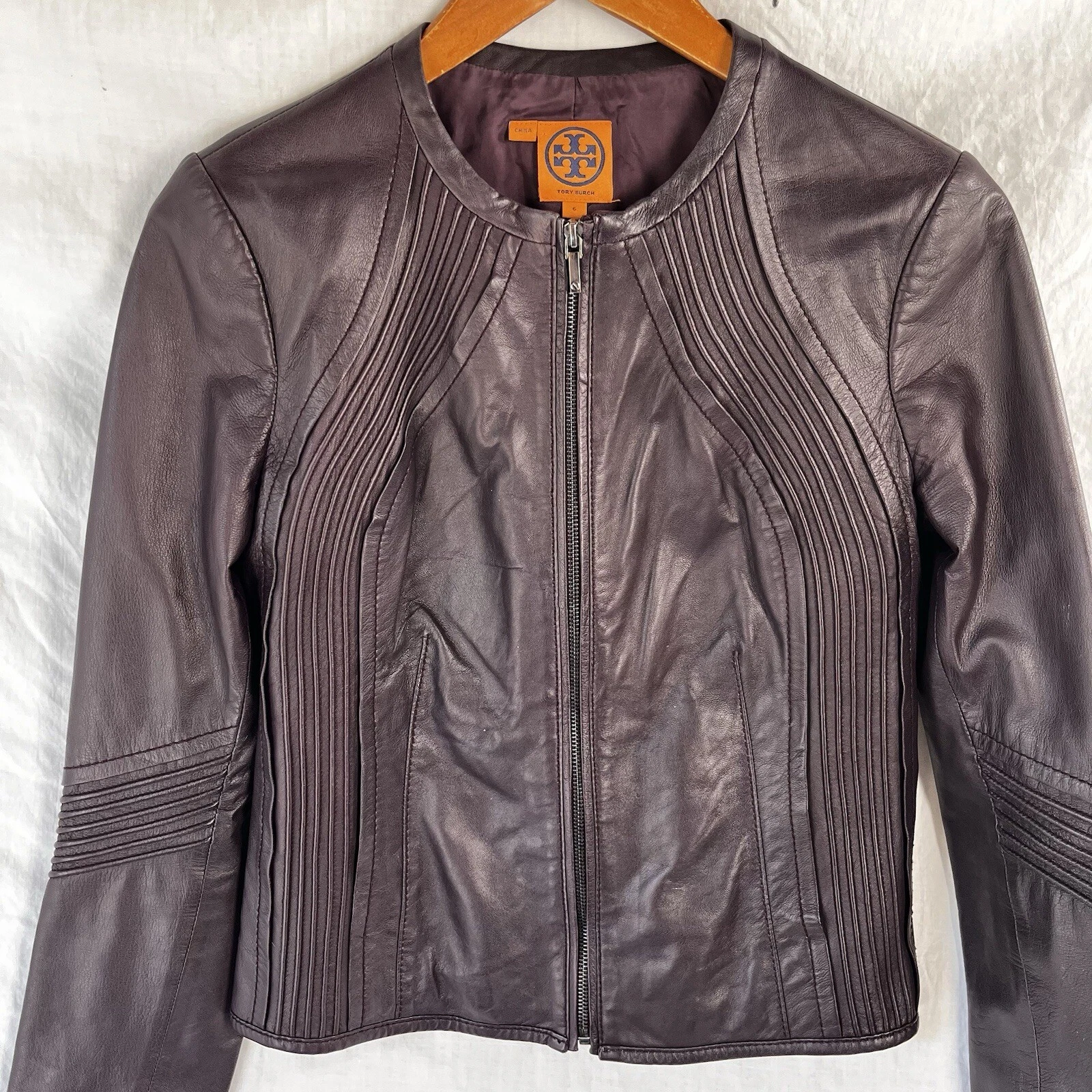 Giacca di pelle Tory Burch donna taglia 6 sangue di bue bordeaux zip cropped cappotto moto