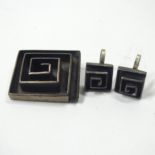 Taxco Square Maze Earrings Pin Pendant Set Vtg Mexico Sterling Silver Modernist