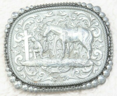 Vintage Silver Strike Gray Belt Buckle Western Horse Cross Cemetery 4 X 3.5 BB20