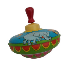 Vintage Tin Toy Ohio Art Spinnining Top Zoo Animals 5.25in wide