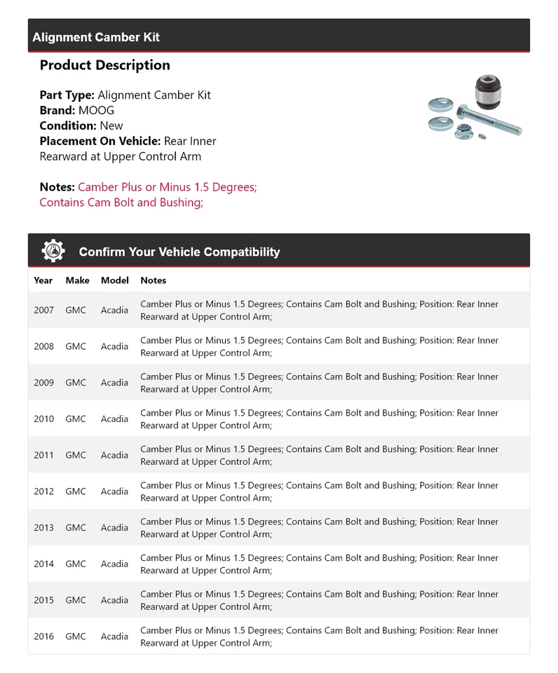 适用于 2007 - 2016 年 GMC Acadia Alignment Camber 套件 MOOG 2007 2008 2009 2010 2011 2012 — 第 2/4 张图片