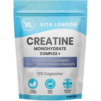 VITA LONDON Creatine + BCAA's + Electrolytes - 120 Capsules (Not Tablets Powder) Strength