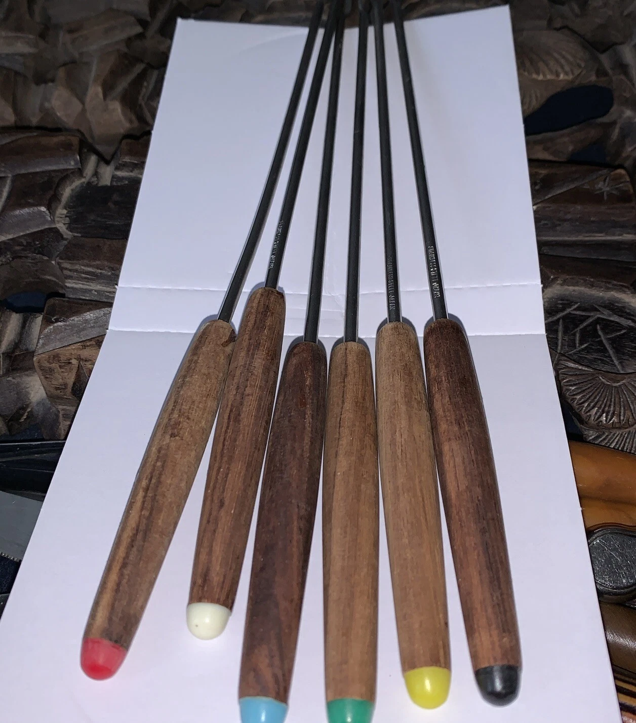 Mid Century MCM 1970s 6 Piece Teak Fondue Forks Set Colored Ends