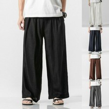 Herren Leinen Locker Hose mit Weitem Bein Kordelzug Gummibund Hose Ausgestellt