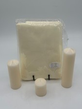 12 Banquet Style 120" Round Tablecloths with 72 Assorted Size Candles. Beige.