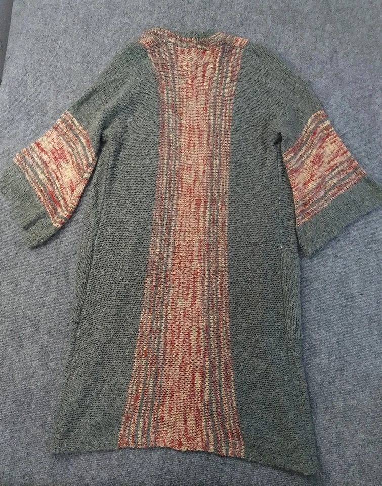 Easel Sweater Duster Cardigan M/L Long Gray Pink Flare Sleeves Pockets Stretch - Image 2 of 4