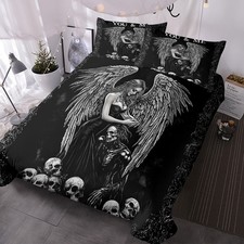 3pcs Black Angel Comforter Cover Set Angel Wings Skull Duvet Cover Quilt Cover